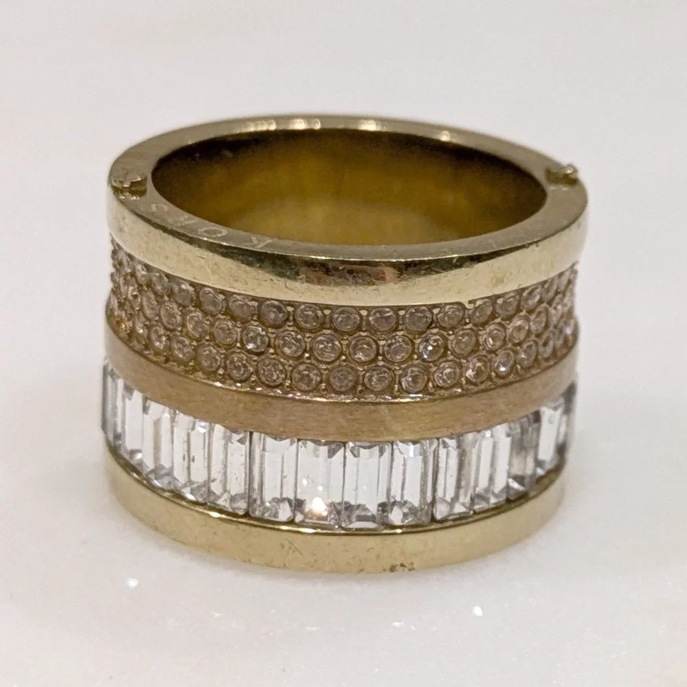 Michael Kors Brilliance Pave Barrel Ring Cigar Band Statement Gold Crystal